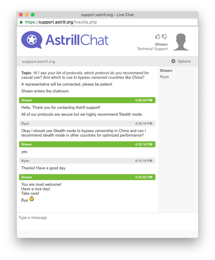 Astrill VPN chat recommending Stealth protocol bypass censorship